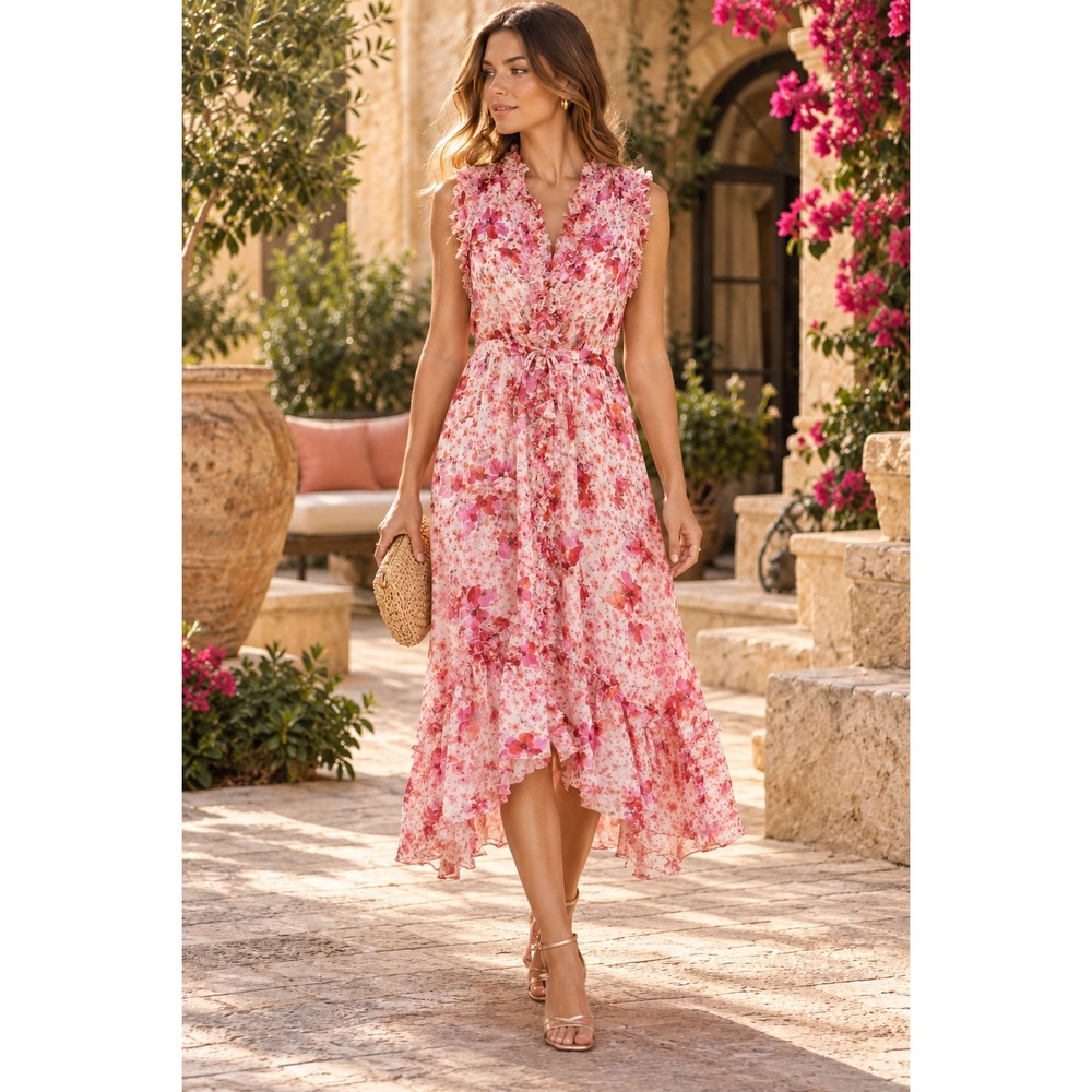 NWT MISA Los Angeles Aurelie Pink Floral Ruffle Maxi Dress XS